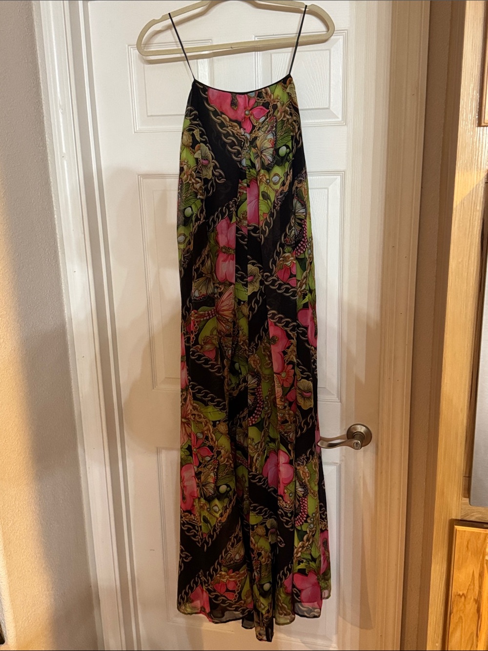 AKIRA Black Slip Jumpsuit with Pink Floral & Green Chain Print